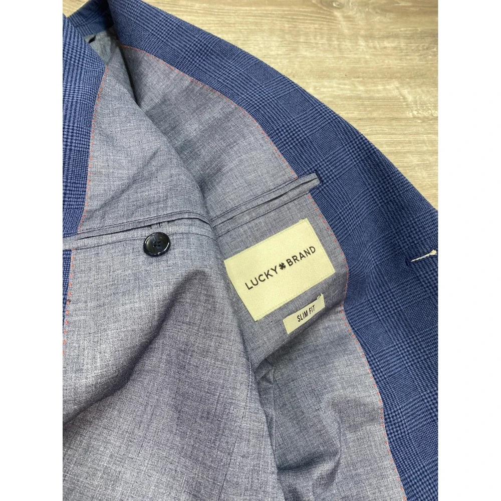 Lucky Brand Blazer Slim Fit Men 40R Blue Glen Plaid Sport Coat Two Button Jacket